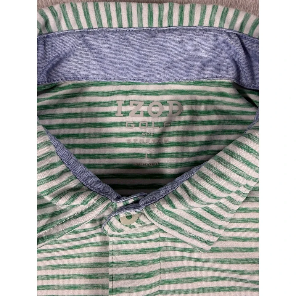 IZOD Golf Polo Shirt Mens‎ Large Green White Striped Short Sleeve Performance